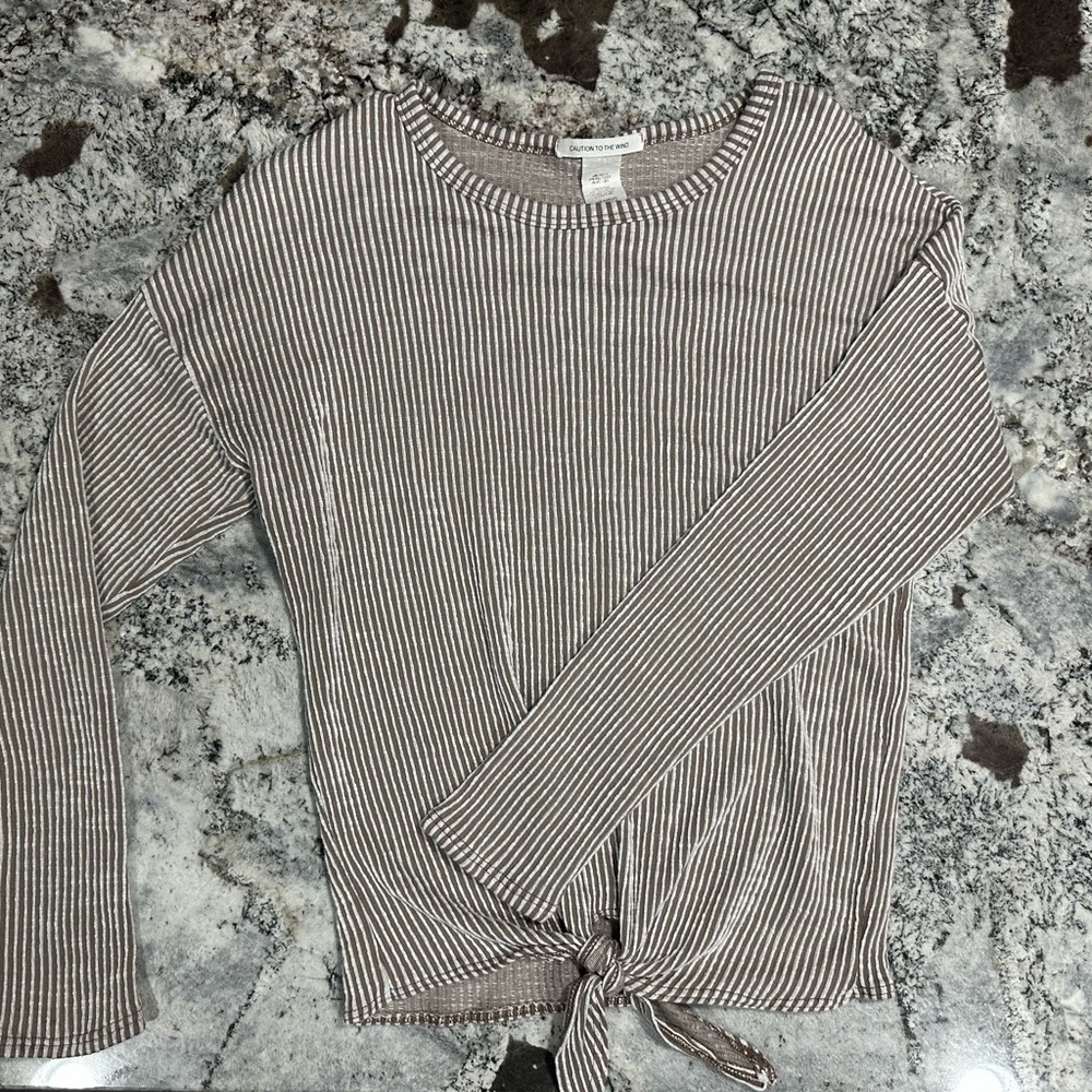 Caution To The Wind Gray Long Sleeve Ribbed Blouse